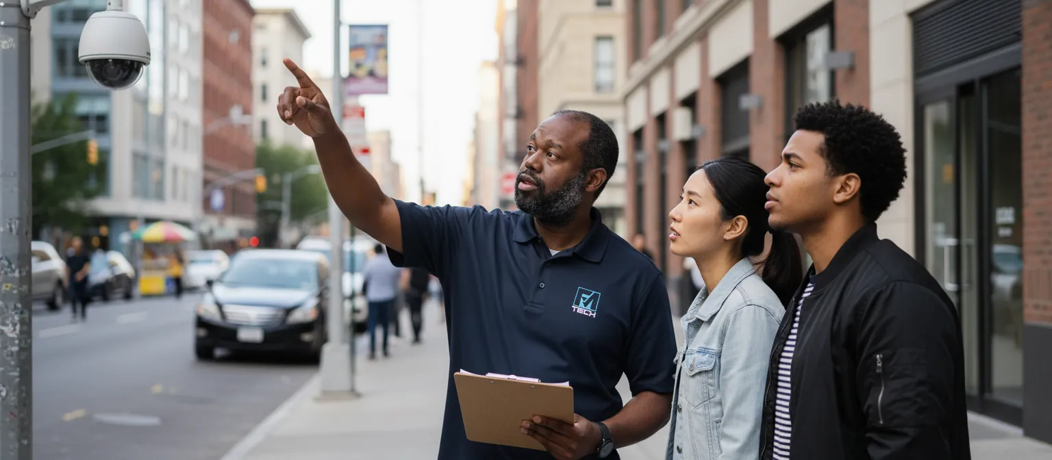 FM Tech owner in an FM Tech polo pointing upward while discussing security camera placement with two people on a city street