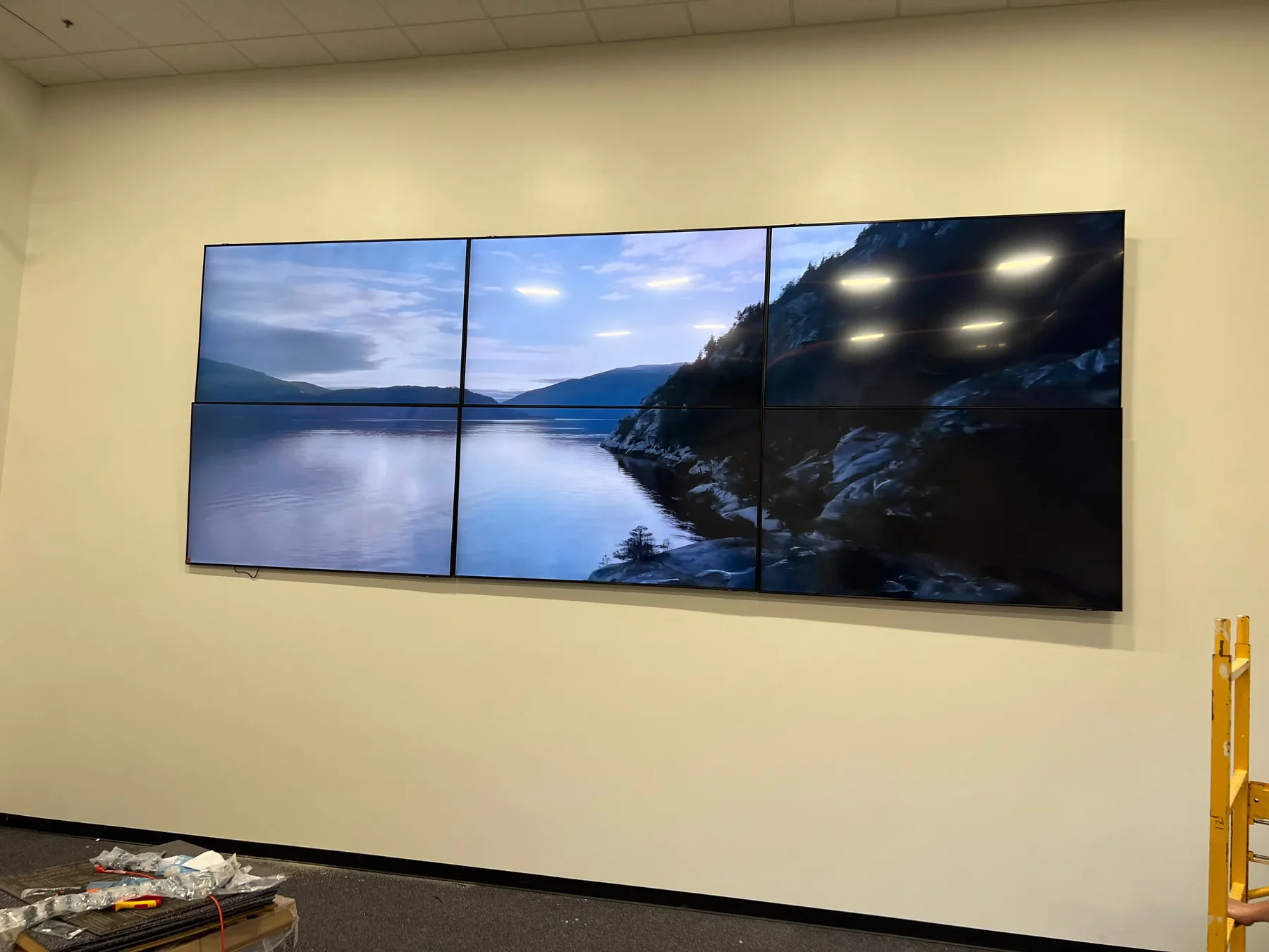 Six-panel LCD video wall installed by FM Tech at a government facility.